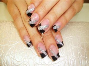 silver glitter on black french manicure for a perfect nail art 300x225 - طراحی ناخن